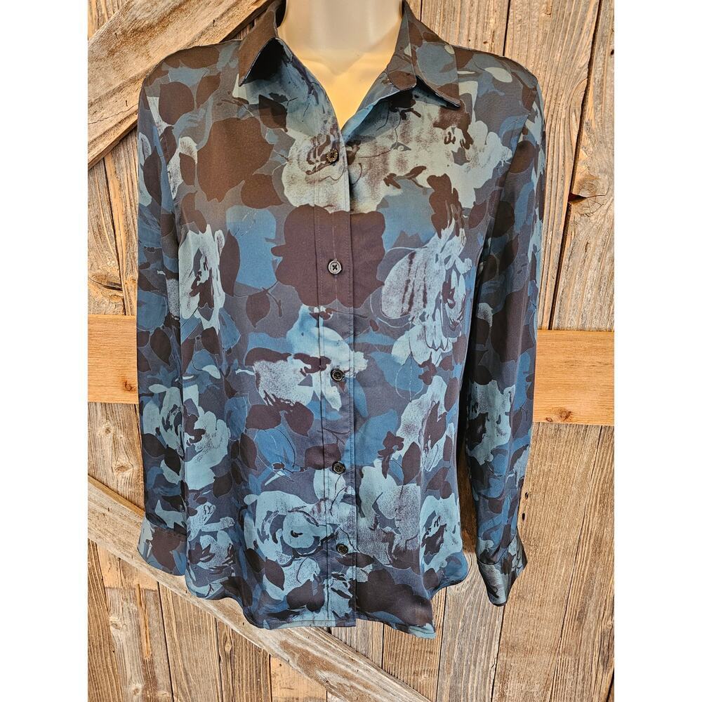 Equipment Women's Leema Shirt polyester silky teal floral long sleeve XS casual_